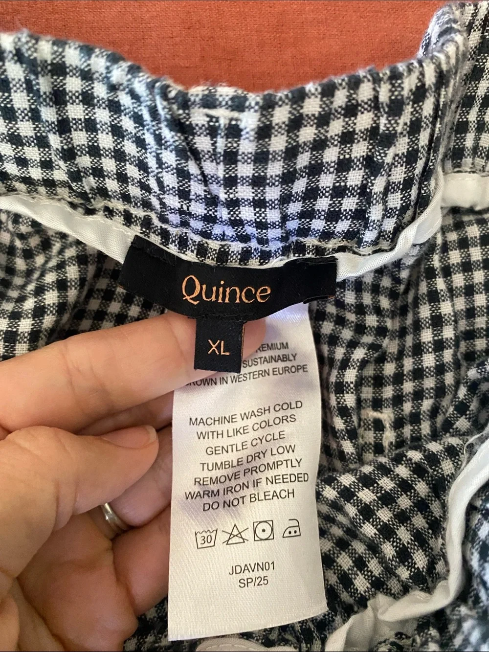 QUINCE 100% linen gingham trouser pant XL black white elastic waist pockets